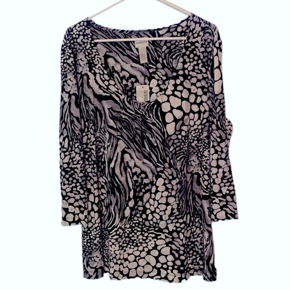 NWT Chicos Black/Gray/White Round Pleated Neck 3/4 Sleeve Shirt Top Blouse XL 3